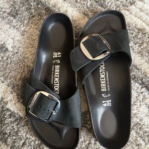 Birkenstock Black Single-Strap Slide Sandals with Silver Buckles